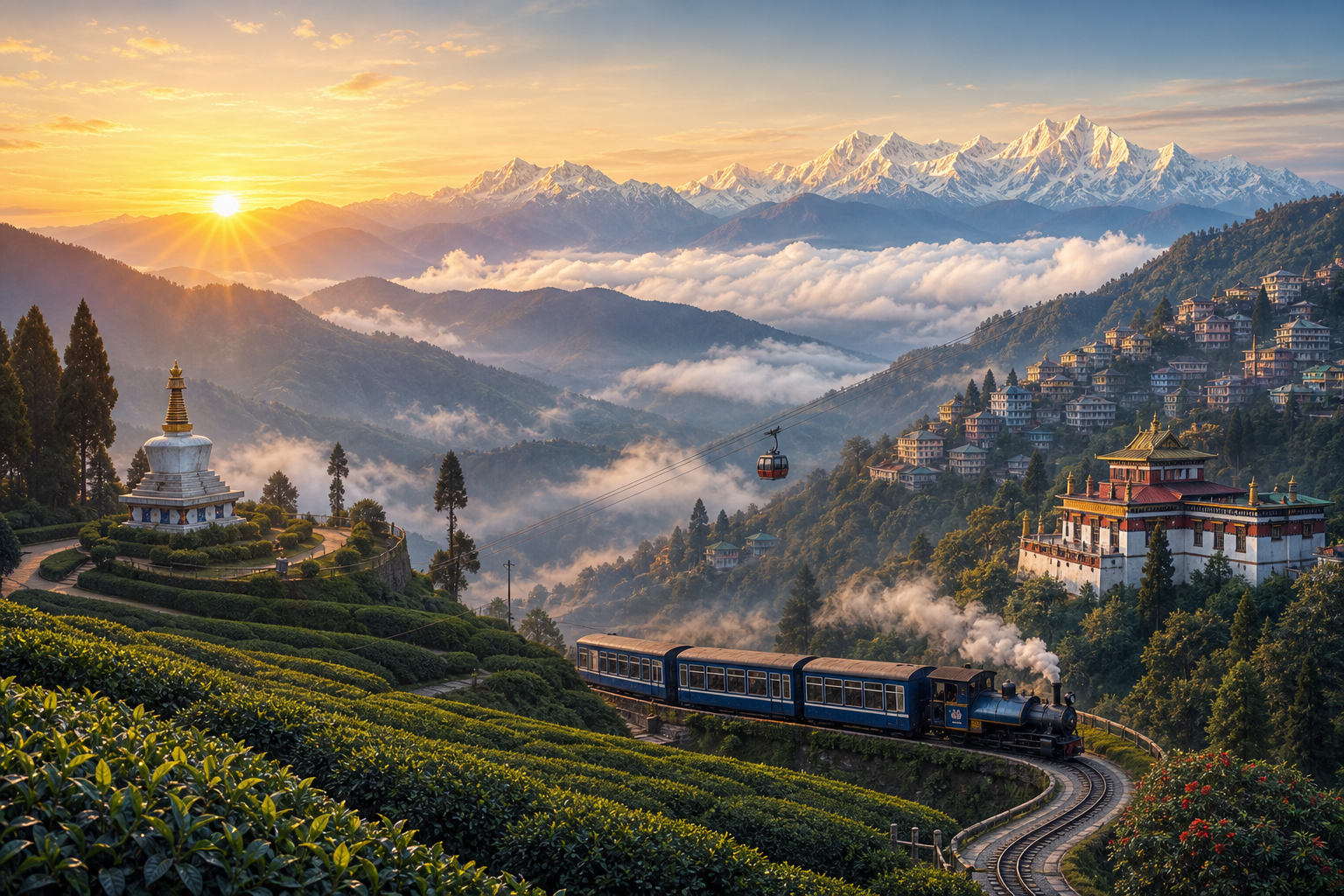 Darjeeling hill town route with sunrise light, tea slopes, and Himalayan road mood