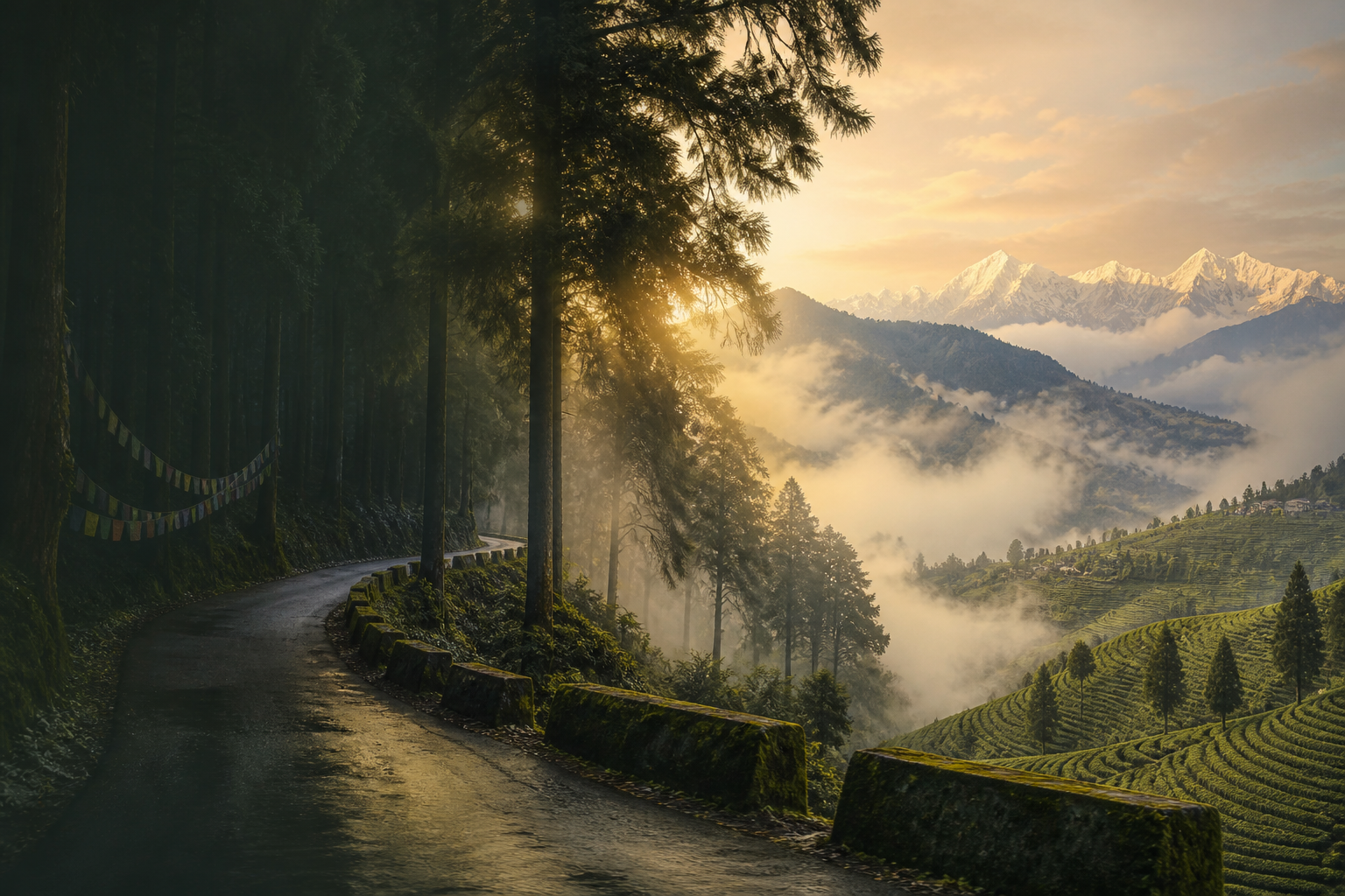 Misty Lepchajagat forest road with Himalayan tea slopes and distant ridges