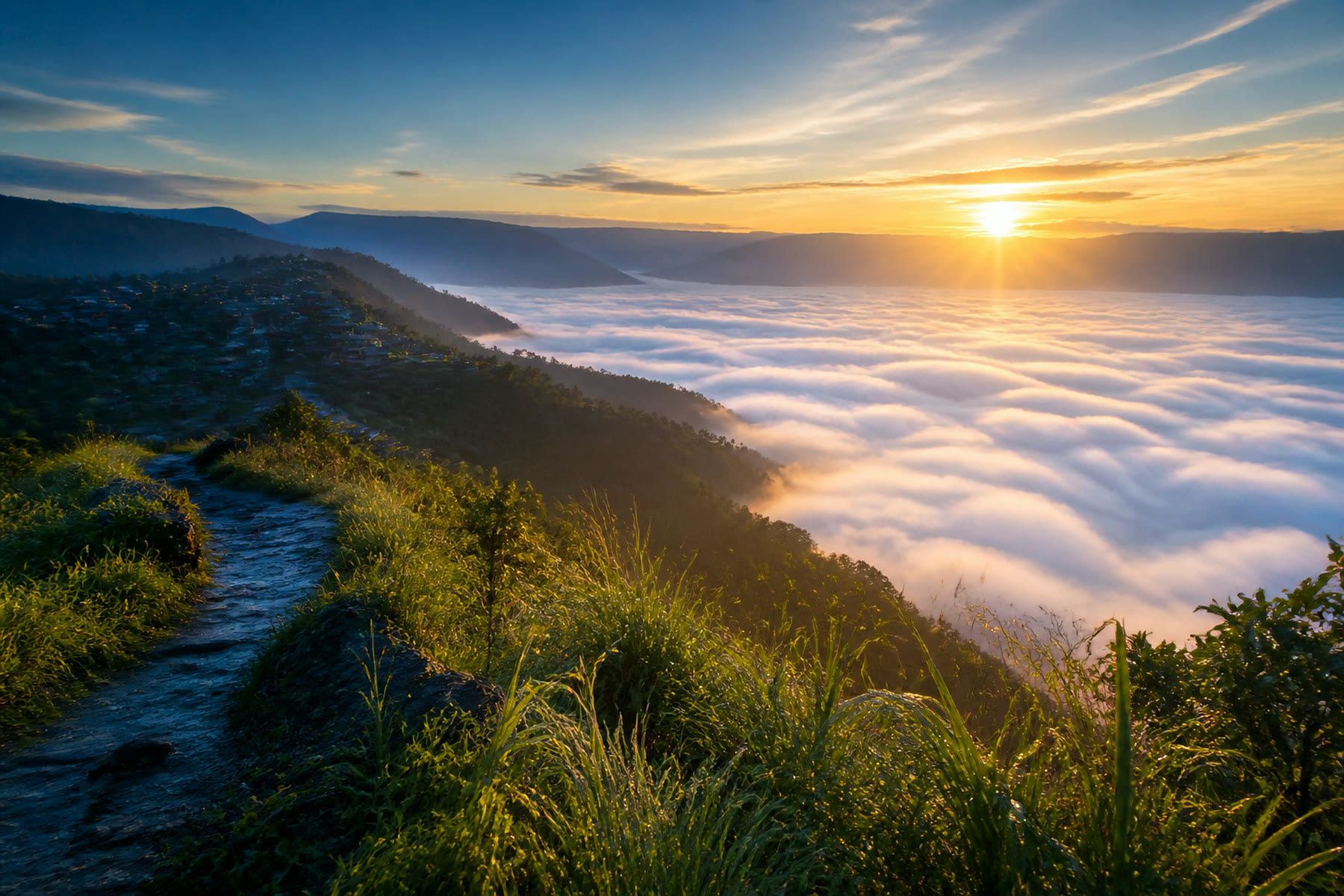 Sunrise above a sea of clouds at Nongjrong