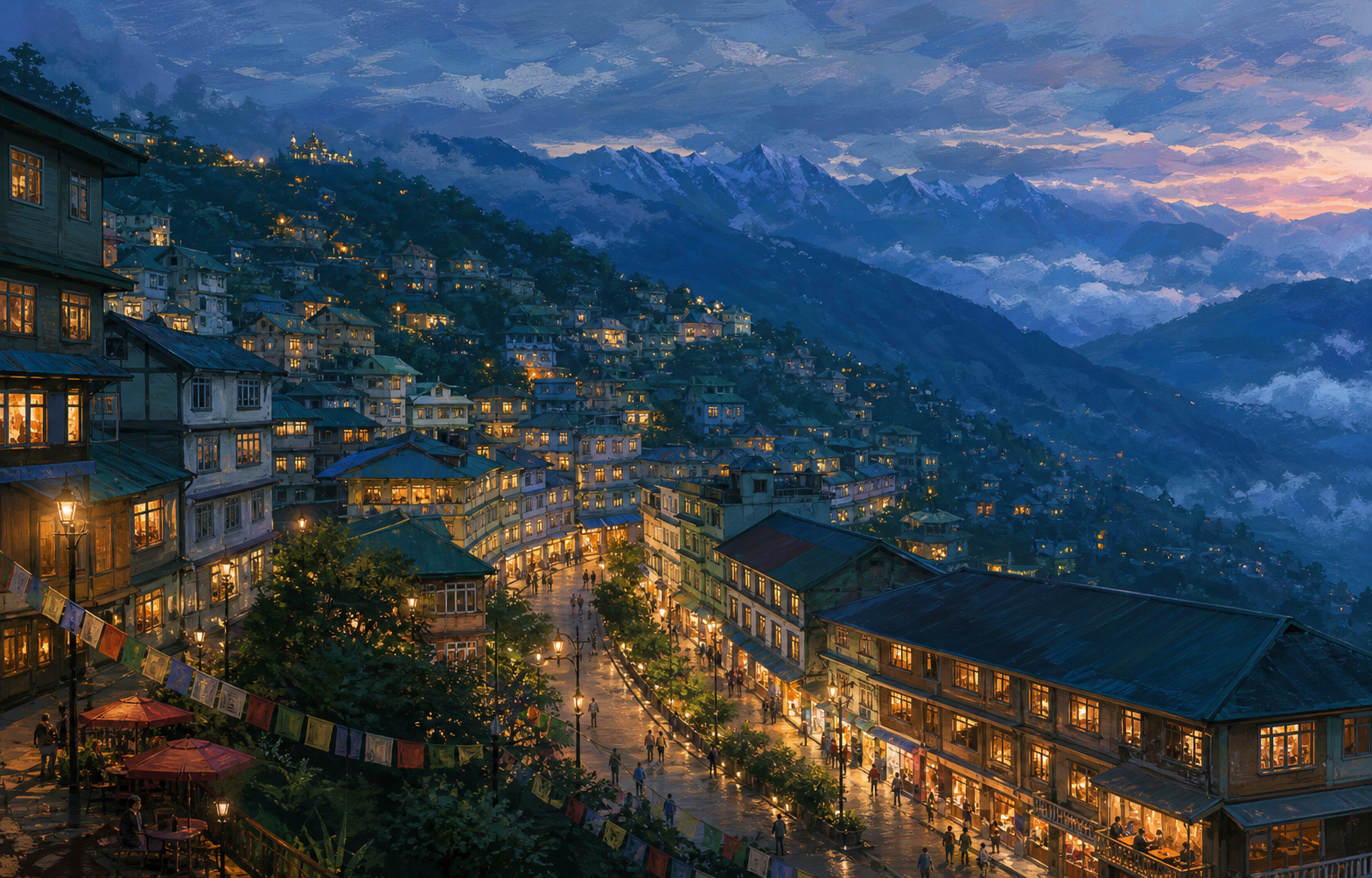 Gangtok hill city at blue hour with warm lights, mountain ridges, and prayer flags