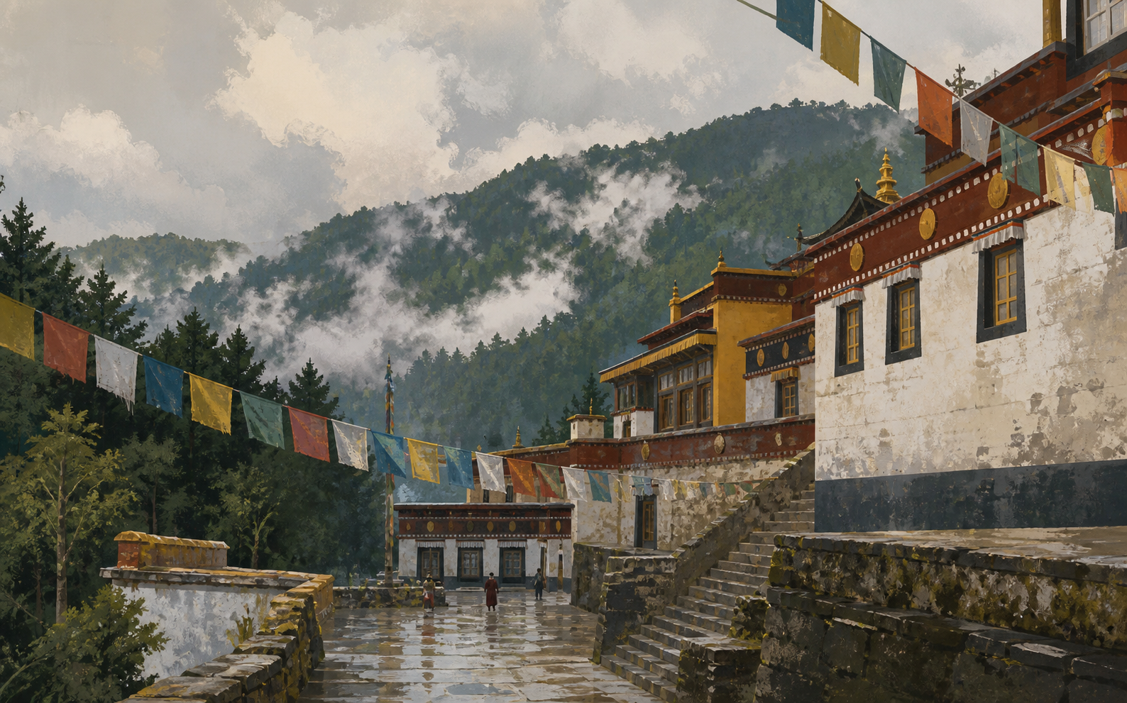 East Sikkim monastery courtyard near Gangtok with prayer flags, wet stone, and pine ridges