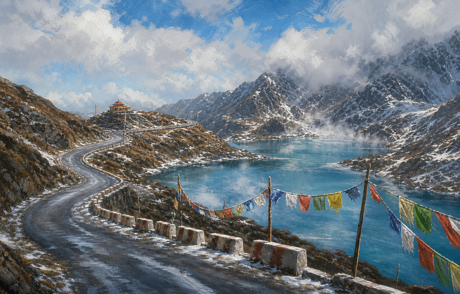 Tsomgo and Nathula inspired East Sikkim high road with lake, snow patches, and prayer flags