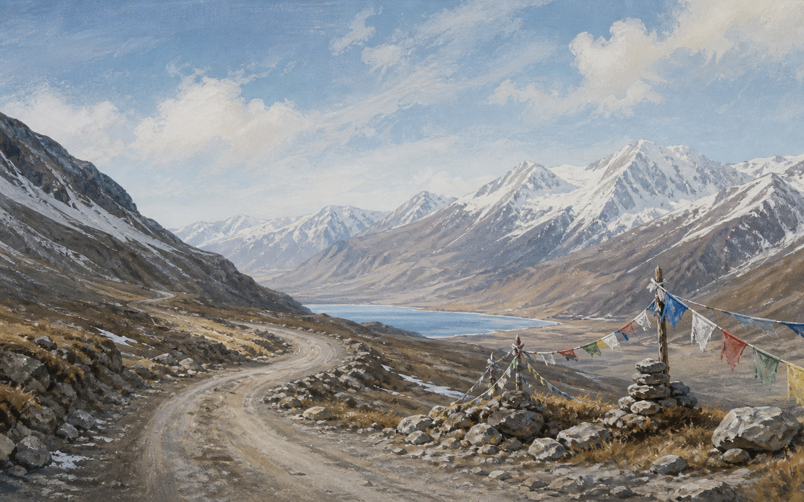 Lachen, Thangu, Chopta Valley, and Gurudongmar inspired high-country road with snow ridges