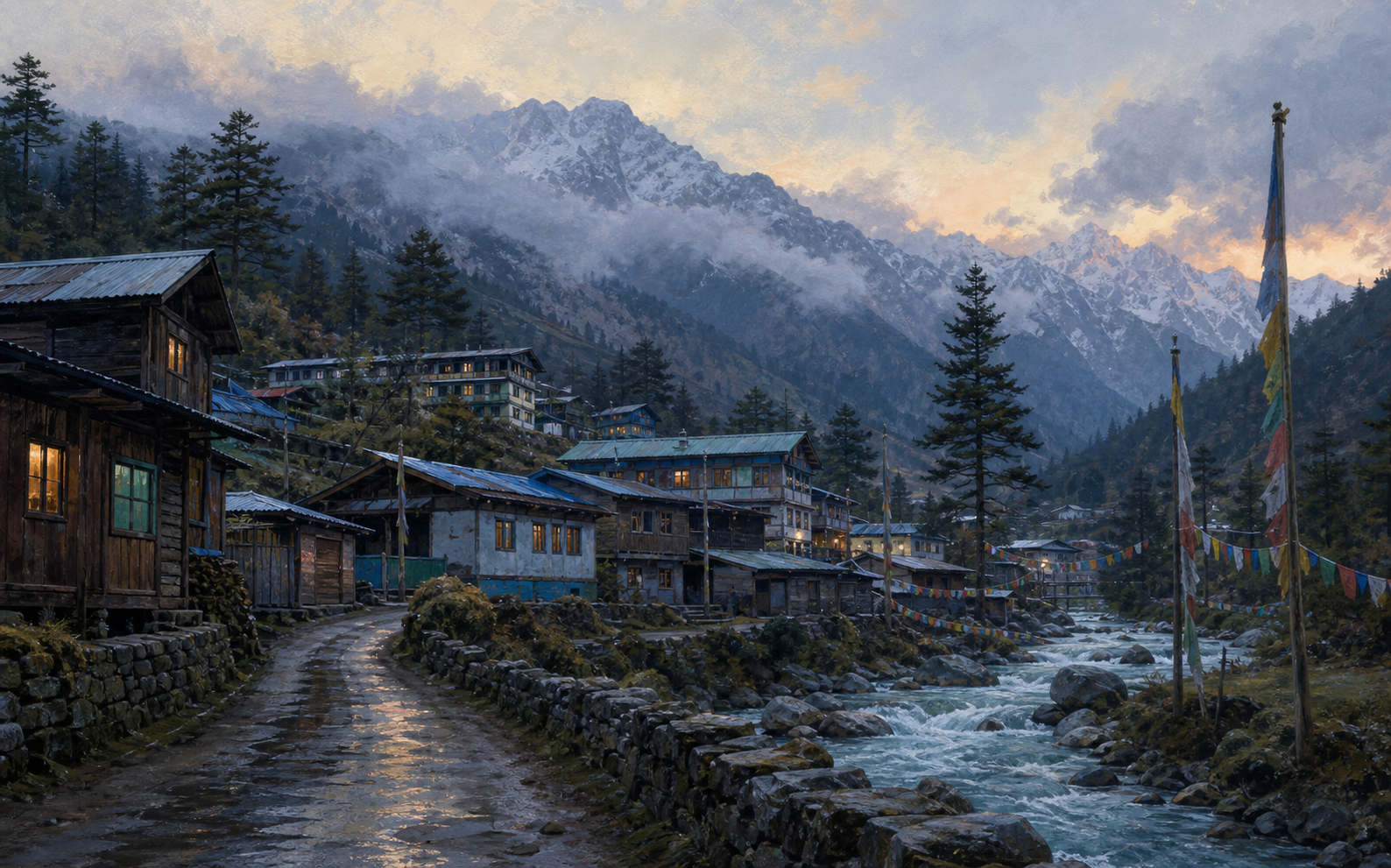 Lachen village evening with wooden homes, river, prayer flags, and snow peaks
