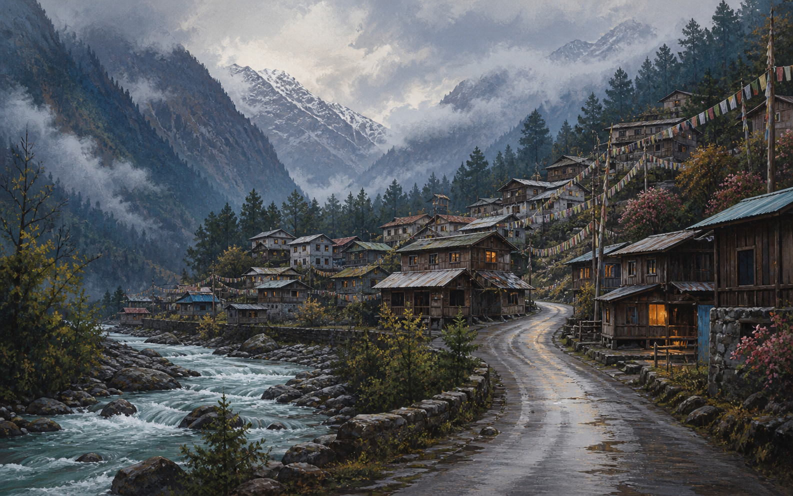 Lachung village in North Sikkim with wooden homes, river, prayer flags, mist, and snow peaks