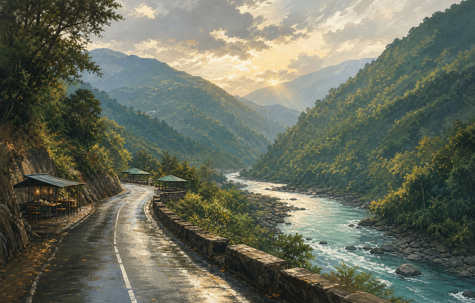 North Sikkim return road with river valley, wet mountain bends, and clearing afternoon light