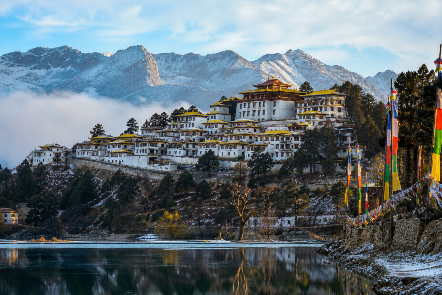 Tawang monastery landscape with snowy Himalayan ridges