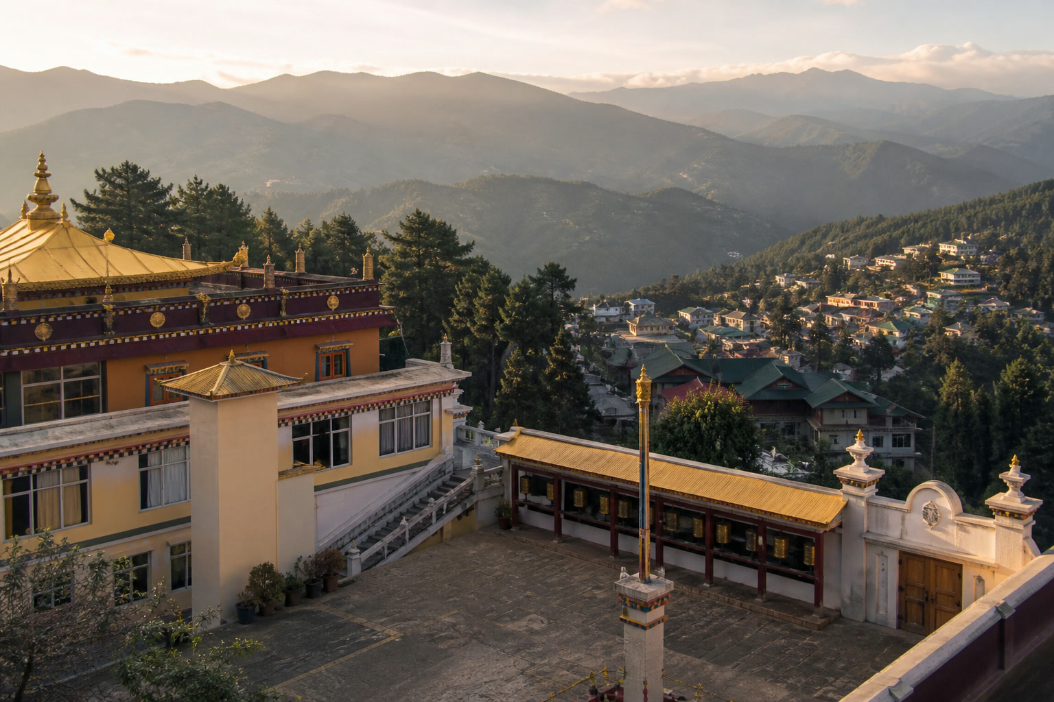 Bomdila monastery courtyard overlooking pine hills and mountain ridges
