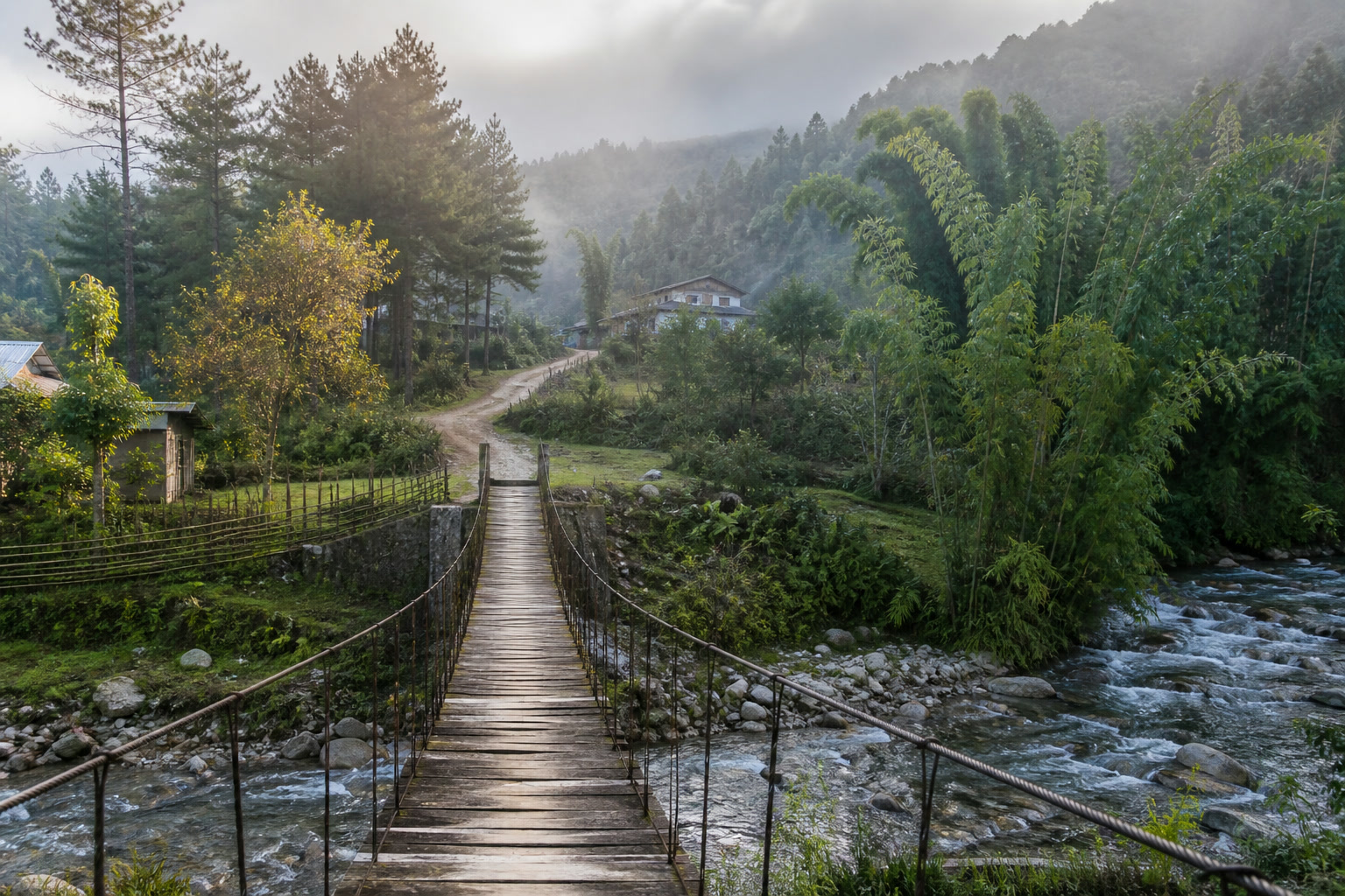 Shergaon hanging bridge over a mountain stream on the return road