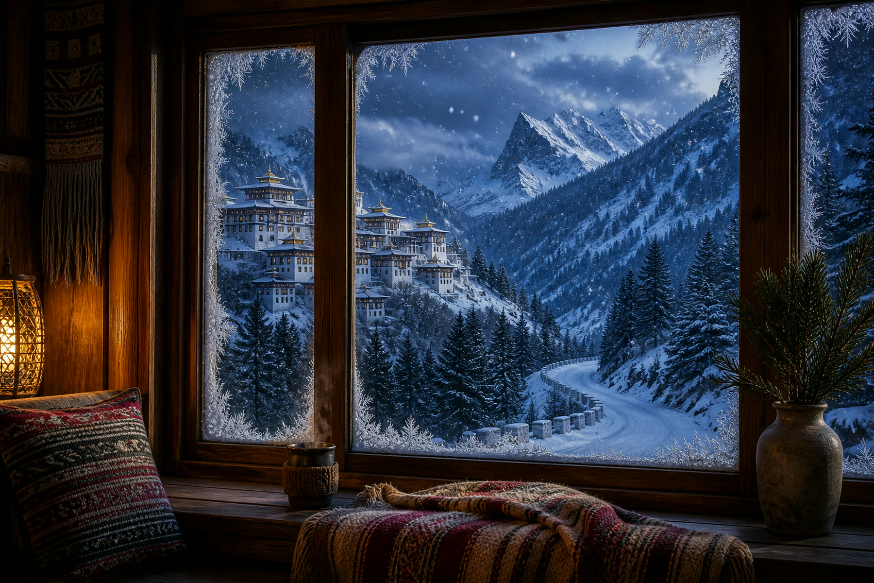 Snowfall through a warm window on the Tawang route