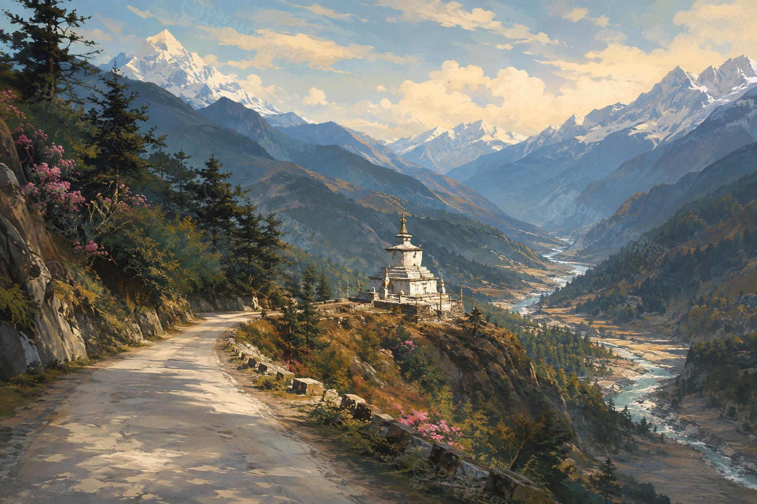 Painted mountain valley road towards Zemithang with a subtle Dream Forest Adventures watermark