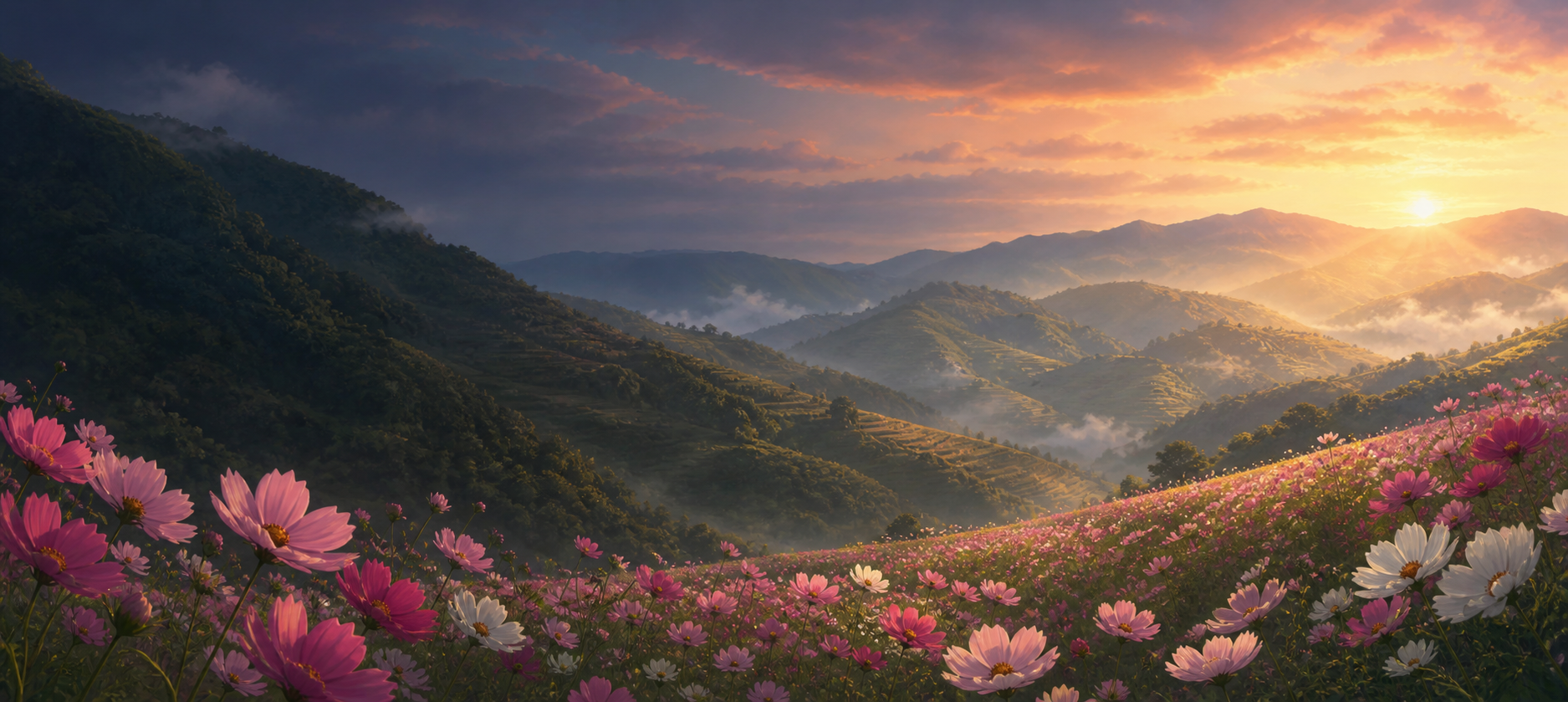 Cosmos flowers over Mizoram hills