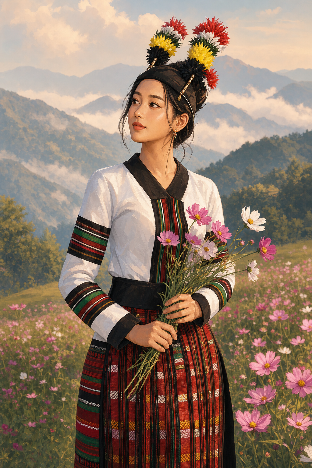 Illustrated Mizo woman in festival dress with cosmos flowers